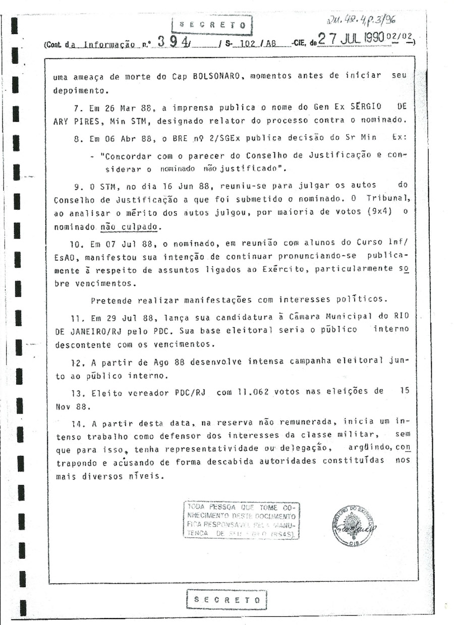 Os documentos do Exército a respeito da expulsão de Bolsonaro da Escola de Oficiais após plano terrorista