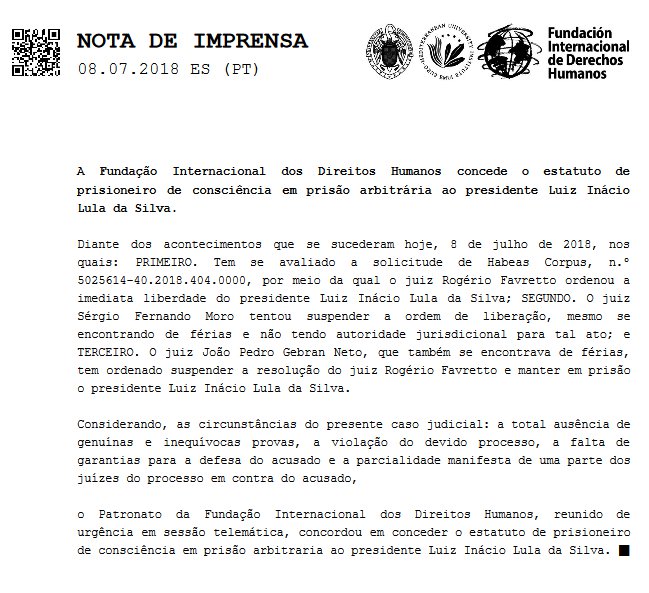 Direitos Humanos concede a Lula status de preso político